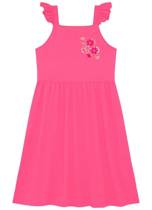 Duduka - Vestido Alça com Bordado de Flores e Babado Rosa - DUDUKA