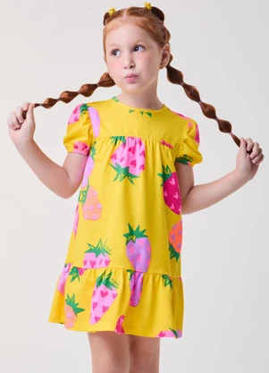 Bimbi - Vestido Amarelo Fruit Print de Morangos Amarelo - BIMBI