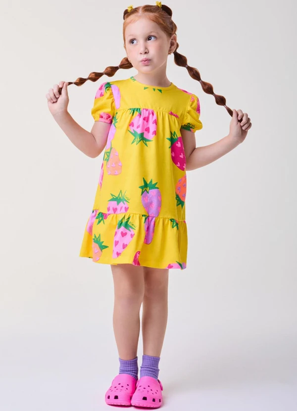 Bimbi - Vestido Amarelo Fruit Print de Morangos Amarelo 2