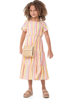 Carinhoso - Vestido Amarelo Midi Listrado em Lurex Menina - CARINHOSO