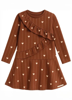 Carinhoso - Vestido Amplo Corações em Moletom Marrom - CARINHOSO