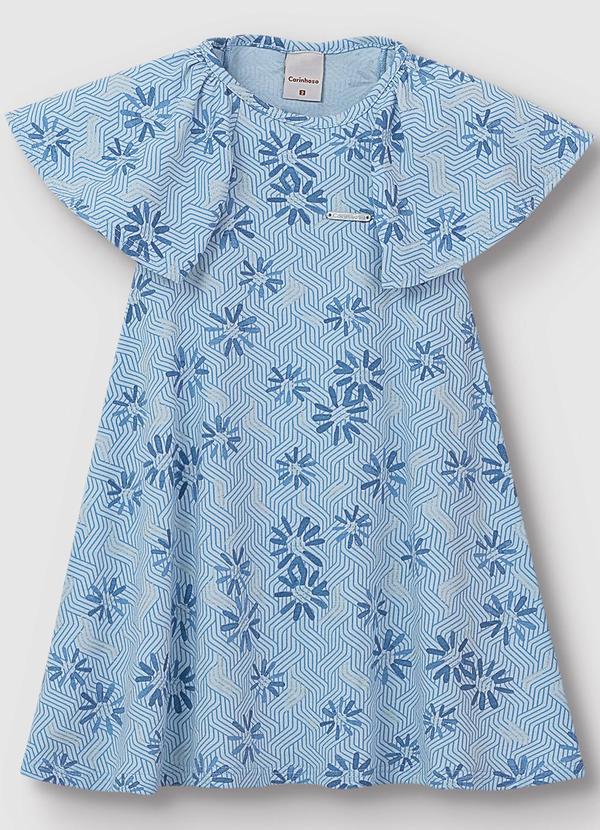 Carinhoso - Vestido Amplo Floral Metalizado Azul Claro