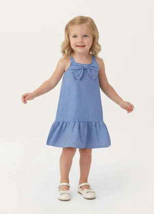 Carinhoso - Vestido Amplo Maquinetado com Laço Azul - CARINHOSO
