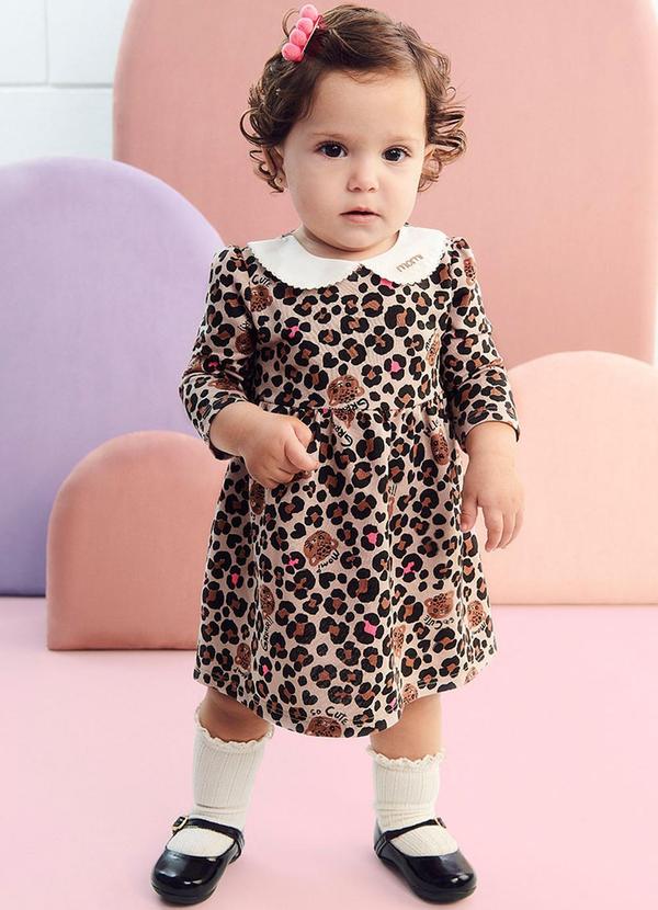 Momi - Vestido Animal Print com Golinha Embutido Bege