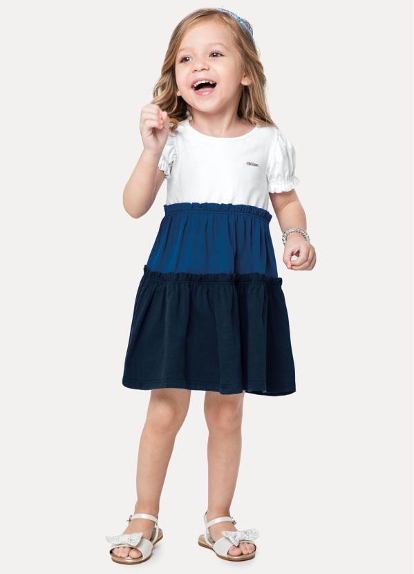 Carinhoso - Vestido Azul Escuro Evasê Franzido Menina
