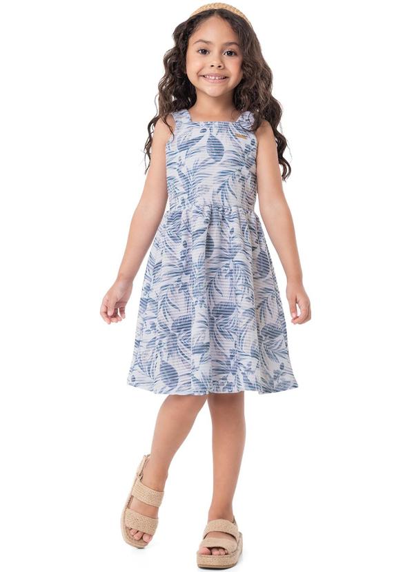 Carinhoso - Vestido Azul Evasê Folhagens em Moletinho