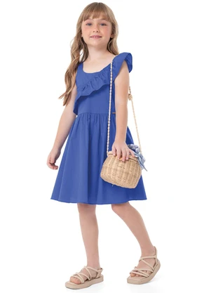 Carinhoso - Vestido Azul Godê em Algodão Stretch Menina - CARINHOSO