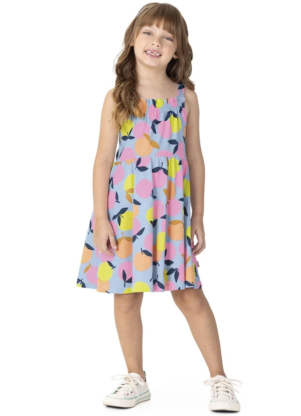 Malwee Kids - Vestido Azul Pastel Godê Laranjas