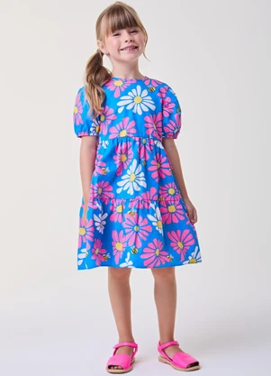 Bimbi - Vestido Azul Royal Floral com Abelhas Azul - BIMBI