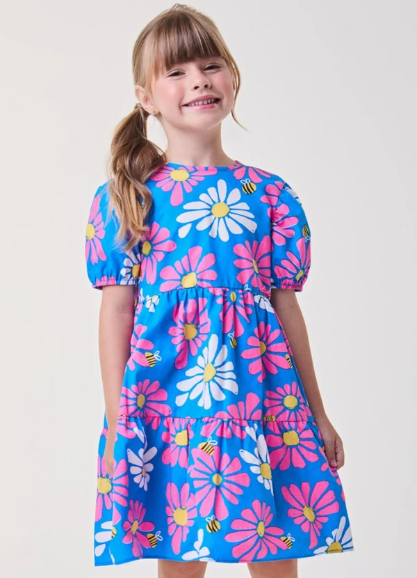Bimbi - Vestido Azul Royal Floral com Abelhas Azul