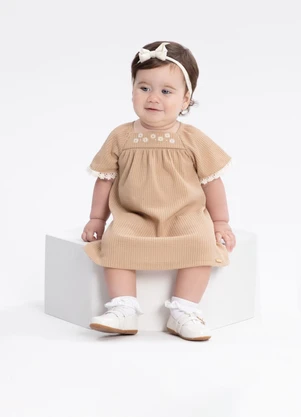 Alakazoo - Vestido Bebê com Bordado Texturizada Bege - ALAKAZOO