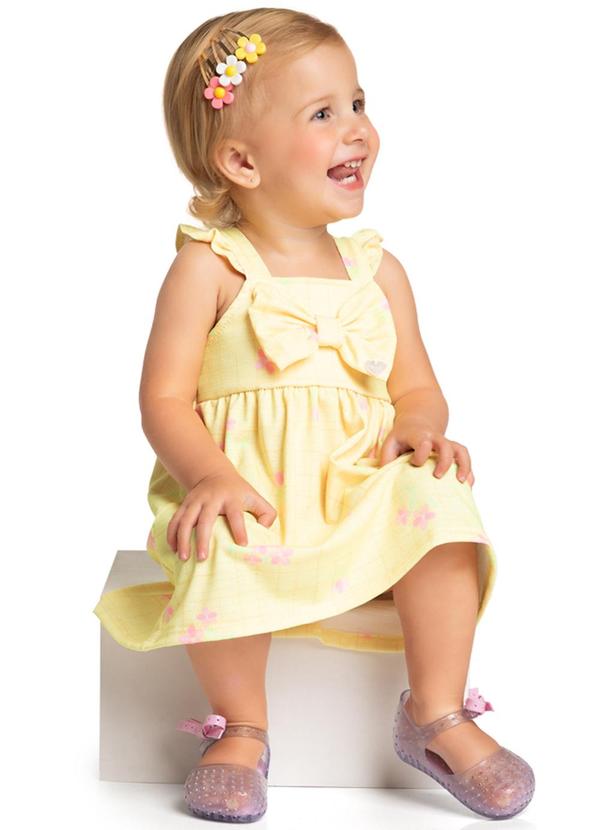 Marlan - Vestido Bebê Cotton Maquinetado Grid Floral Amarelo