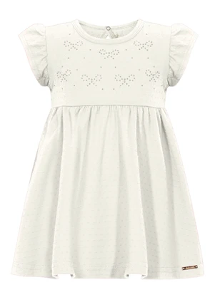 Alakazoo - Vestido Bebê de Mangas Curtas com Strass Off White - ALAKAZOO
