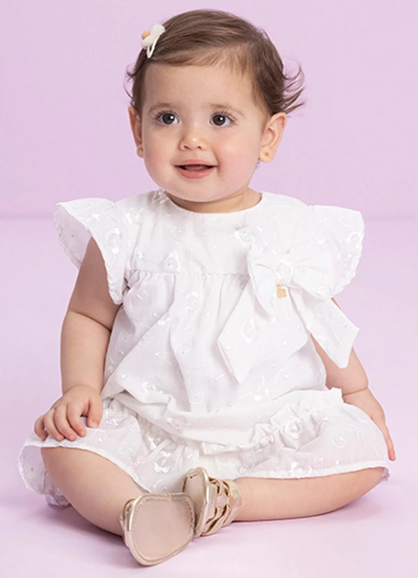 Milli e Nina - Vestido Bebê e Tapa Fraldas em Laise Branco