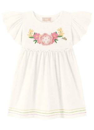 Milli e Nina - Vestido Bebê em Cotton Linho Aplique Crochê Bege - MILLI E NINA