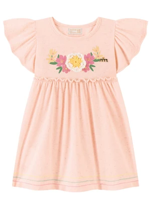 Milli e Nina - Vestido Bebê em Cotton Linho Aplique Crochê Rosa - MILLI E NINA