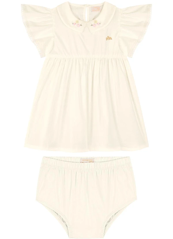 Milli e Nina - Vestido Bebê em Tricoline Bege