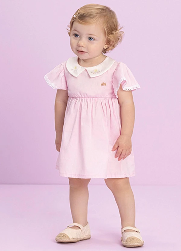 Milli e Nina - Vestido Bebê em Tricoline Rosa