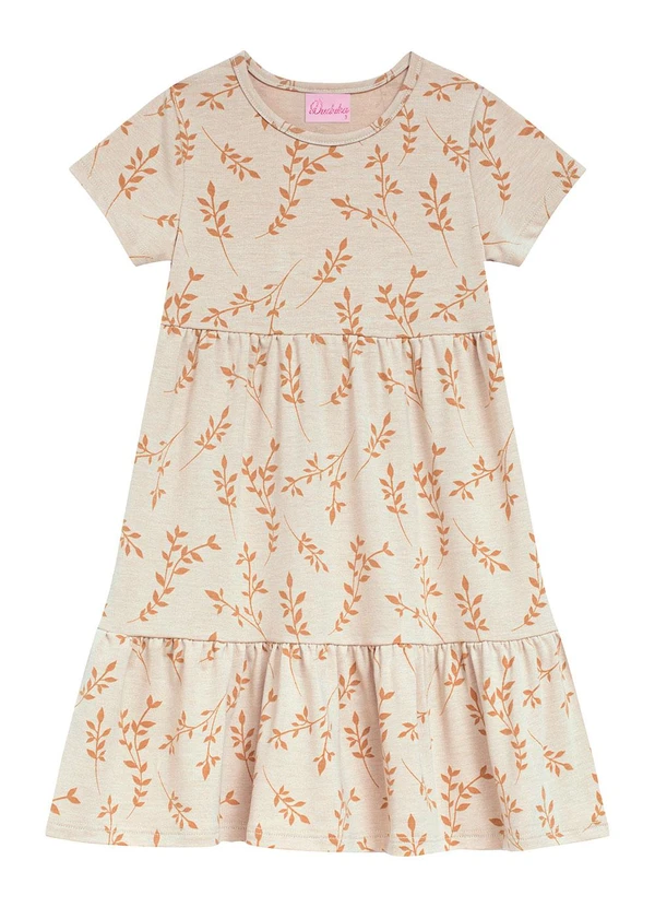 Duduka - Vestido Bebê Estampa Rotativa Folhas Bege