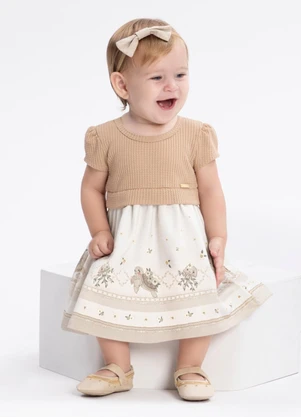 Alakazoo - Vestido Bebê Estampado com Malha Crochê Bege - ALAKAZOO