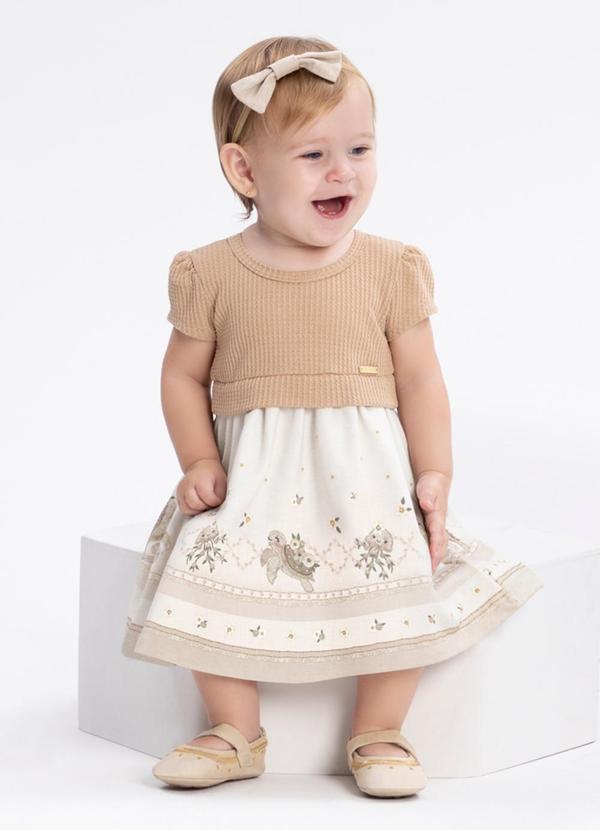Alakazoo - Vestido Bebê Estampado com Malha Crochê Bege