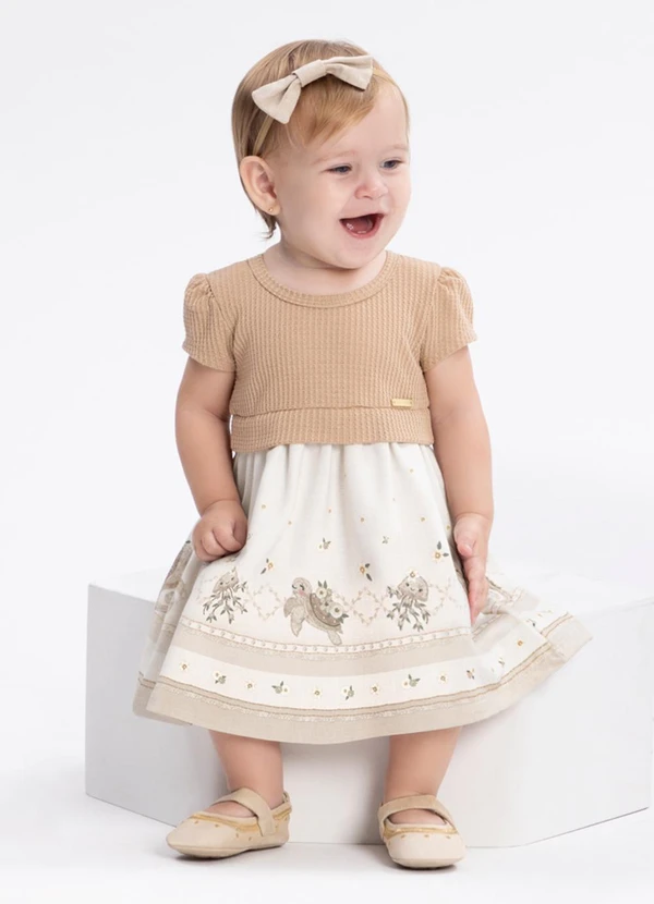 Alakazoo - Vestido Bebê Estampado com Malha Crochê Bege