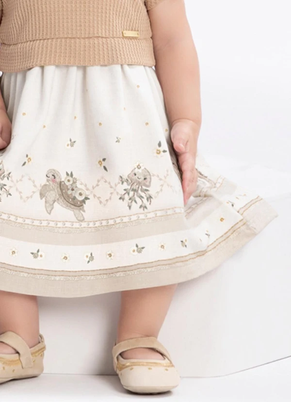 Alakazoo - Vestido Bebê Estampado com Malha Crochê Bege 2