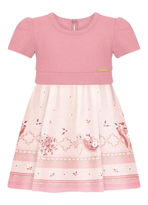 Alakazoo - Vestido Bebê Estampado com Malha Crochê Rosa - ALAKAZOO