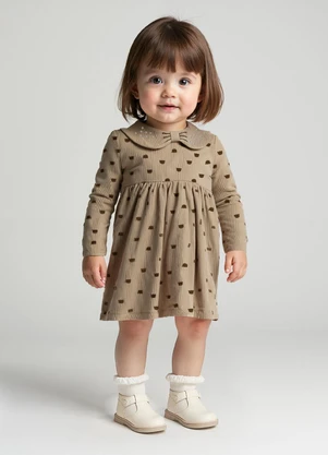 Alakazoo - Vestido Bebê Estampado com Mangas Longas Marrom - ALAKAZOO