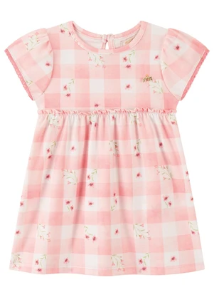 Milli e Nina - Vestido Bebê Manga Curta em Malha Vichy Rosa - MILLI E NINA