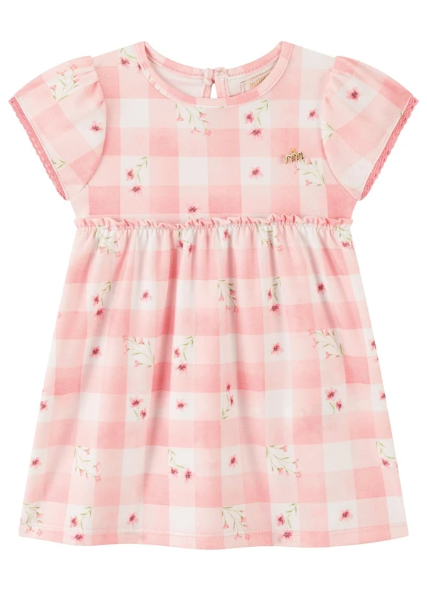 Milli e Nina - Vestido Bebê Manga Curta em Malha Vichy Rosa