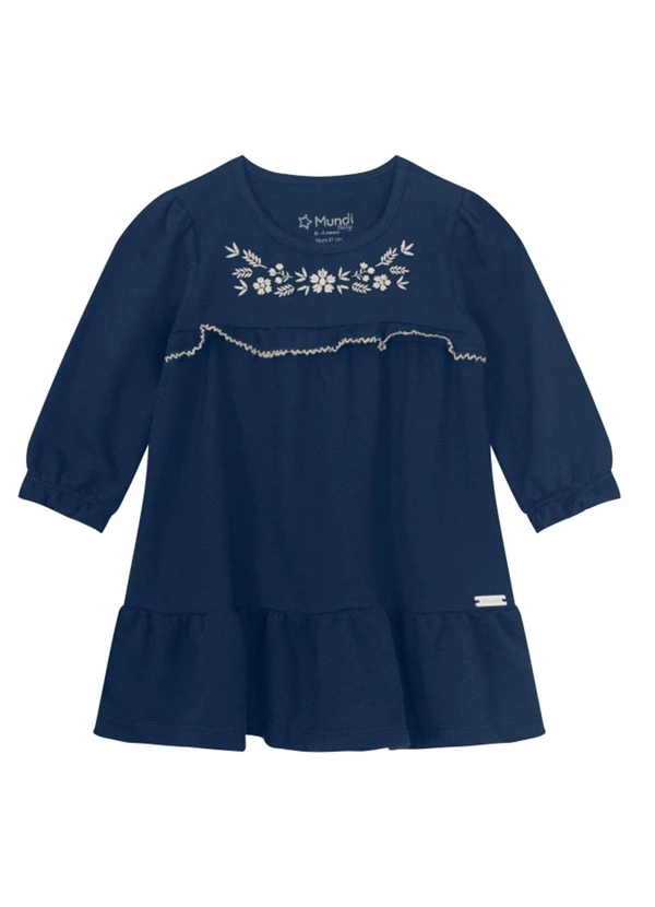 Brandili Mundi - Vestido Bebê Menina com Bordado Florido Azul