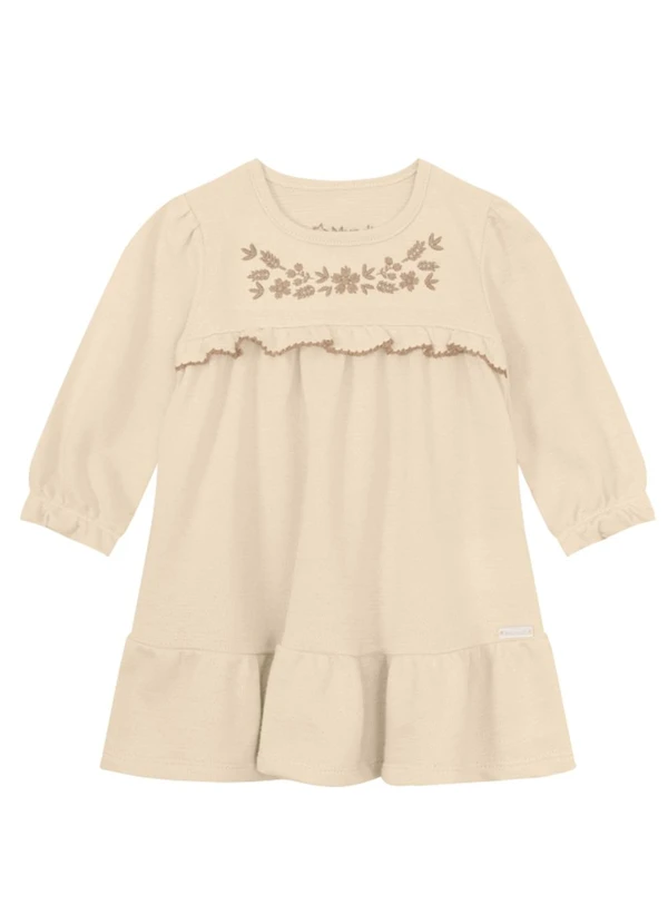 Brandili Mundi - Vestido Bebê Menina com Bordado Florido Bege