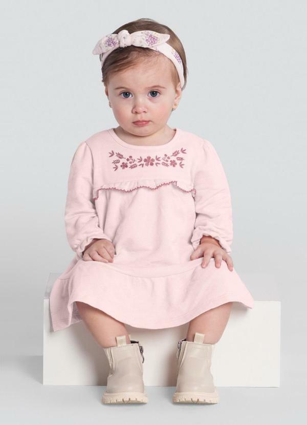Mundi - Vestido Bebê Menina com Bordado Florido Rosa