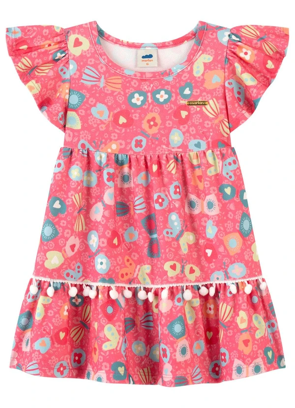 Marlan - Vestido Bebê Menina em Malha com Pompom Rosa