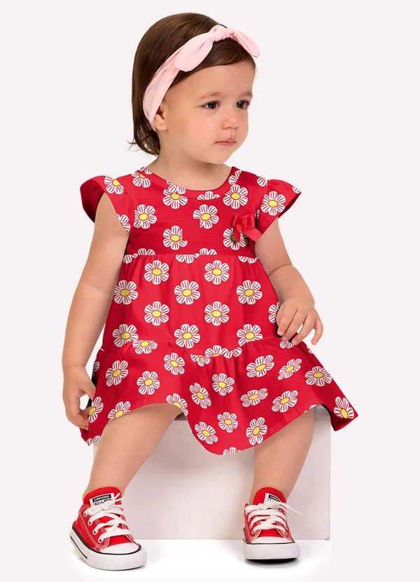 Kyly - Vestido Bebê Menina Flores Vermelho