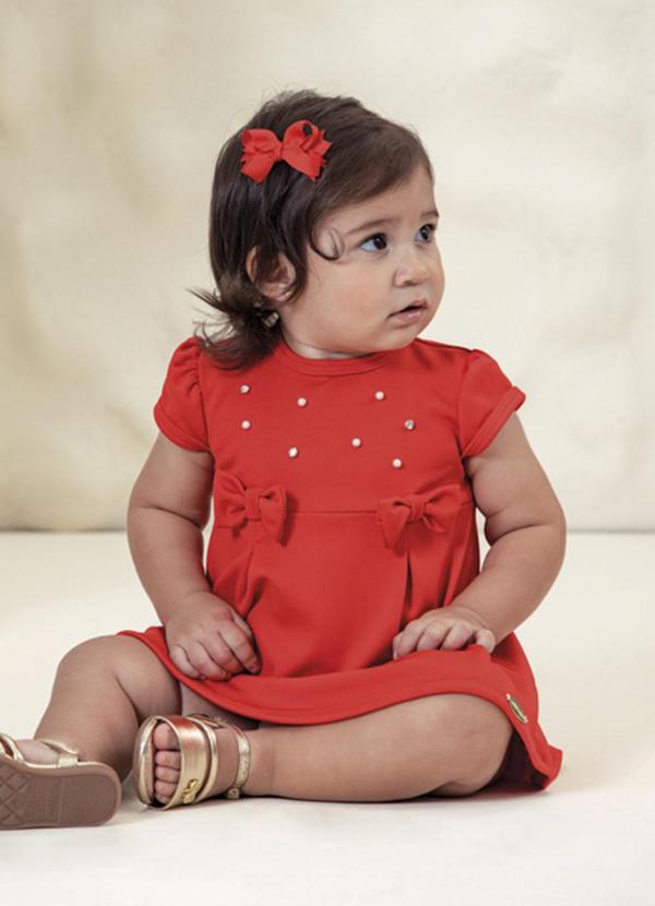 Milli e Nina - Vestido Bebê Menina Malha Newtech Laços Vermelho