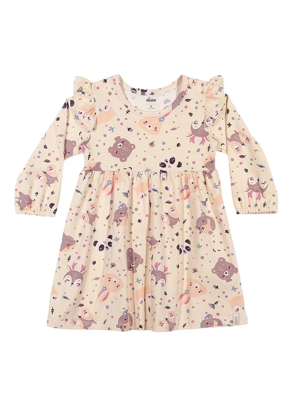 Elian - Vestido Bebê Menina Manga Longa Bichinhos Bege