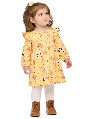Elian - Vestido Bebê Menina Manga Longa Bichinhos Amarelo - ELIAN