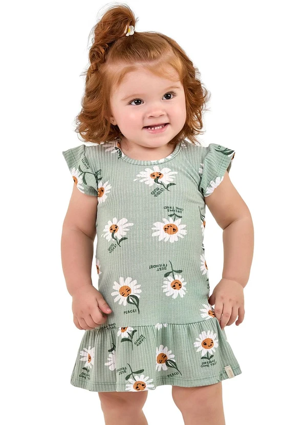 Elian - Vestido Bebê Menina Margaridas Verde