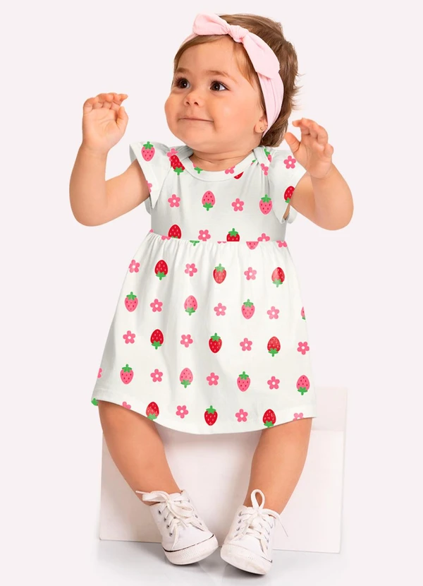 Kyly - Vestido Bebê Menina Morangos Branco