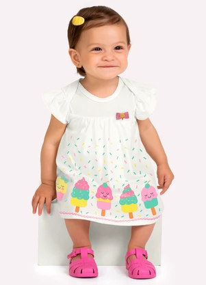 Kyly - Vestido Bebê Menina Picolés Branco - KYLY
