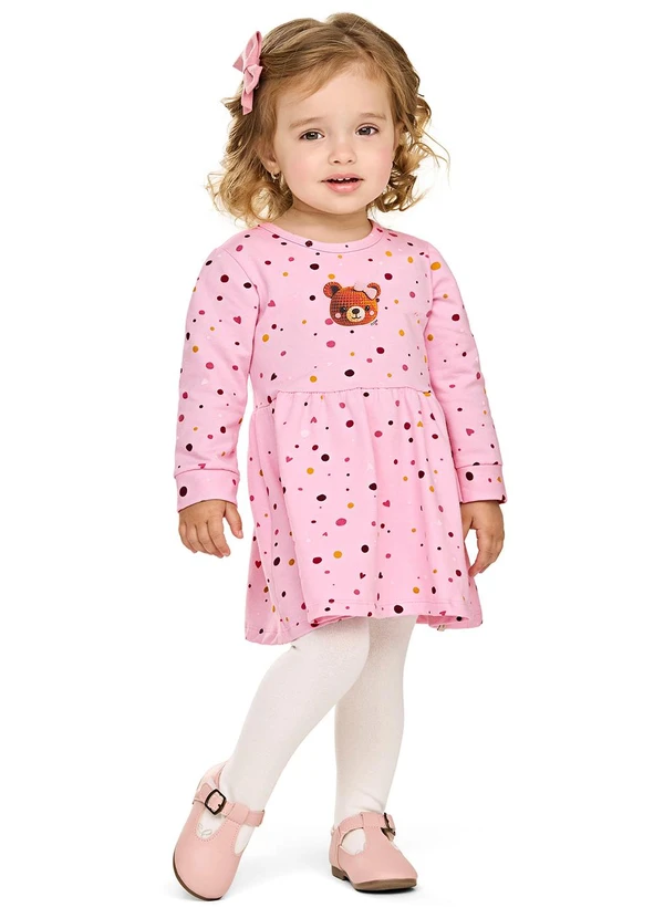 Elian - Vestido Bebê Menina Poás com Ursinha Rosa