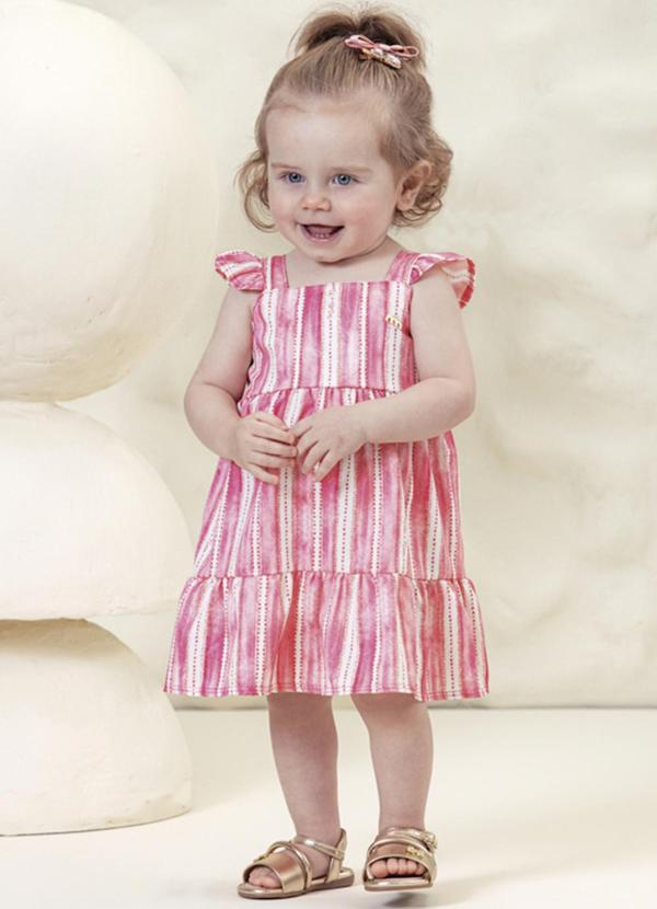 Milli e Nina - Vestido Bebê Menina Tecido Plano Rajado Rosa