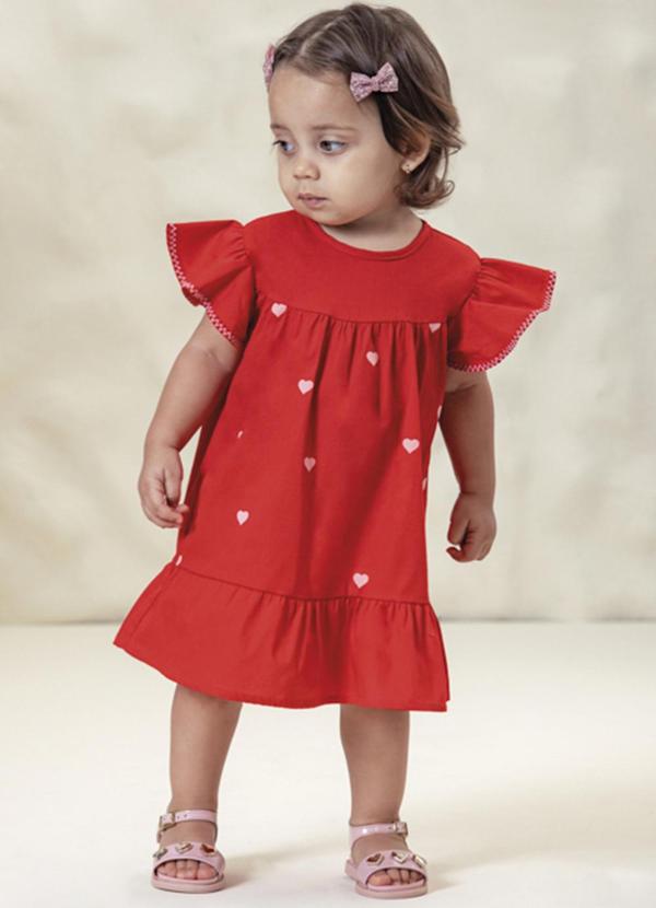 Milli e Nina - Vestido Bebê Menina Tricoline Corações Vermelho