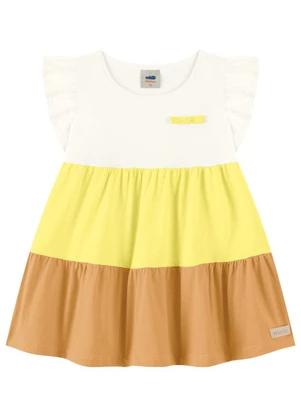 Marlan - Vestido Bebê Menina Tricolor com Laço Amarelo - MARLAN