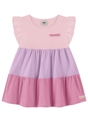 Marlan - Vestido Bebê Menina Tricolor com Laço Roxo - MARLAN