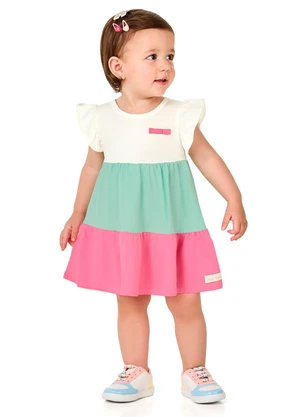 Marlan - Vestido Bebê Menina Tricolor com Laço Verde - MARLAN