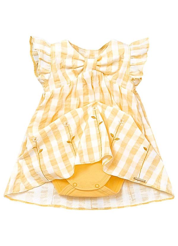 Carinhoso - Vestido Body Vichy com Bordado Amarelo Claro