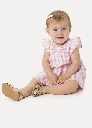 Vestido Body Vichy com Bordado Rosa Claro Carinhoso